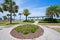 A park with a view of the Matanzas River and the Bridge of Lions in Historic St. Augustine, Florida USA