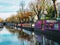 Parked boats in Regent`s canal in Little Venice district, London