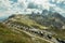 Parked cars in parking lots under the chalet Rifugio Lavaredo, Auronzo di Cadore, Provincie Belluno, Italy