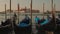 Parked gondolas on Piazza San Marco and The Doge\'s Palace embankment with the bell tower of the Saint Giorgio Maggiore