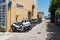 Parked motorbykes stays near rental office at Paleochora town on Crete island, Greece