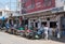 Parked motorcycles on the roadside in front of the covered market in campeche mexico