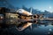 A parked passenger aircraft near a jetway, its reflection glistening in a puddle