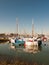 Parked private boat in front of harbor marina scene masts