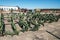 Parking agricultural machinery and harvest. rows of plows, cultivators, bodies