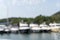 Parking of boats and yachts in the sea , defocused