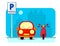 Parking concept with red Car and byke in flat style over city silhouette. Flat Illustration