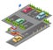 Parking lot isometric 3D illustration for construction design of cars, parkomat checkpoint and direction marking