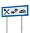Parking Lot Road Sign Isolated, Restaurant, Hotel Motel, Swimming Pool Icons, Roadside Signage Pole Post, Blue, Black, White