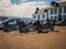 Parking of motorcycles at harbor of Loch Fyne, town Inverary, Sc