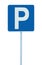 Parking place sign on post pole, traffic road roadsign, blue isolated, large detailed closeup