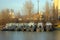 Parking of river tugs in the river port. Boats are side to side to each other