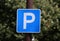 Parking sign for cars in the park. Blue parking sign centered. Blue square road sign
