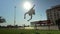 Parkour Tracer. Young Man Making Frontflip over the Bench