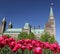 The Parliament of Canada with red tulips in the foreground