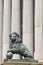 Parliament facade columns and lion in Madrid, Spain. Congreso