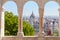 Parliament view through Fishermans Bastion balcony in Budapest