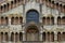 Parma, detailed front view of the cathedral, Duomo square, Italy