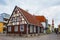 PARNU, ESTONIA - MAY 02, 2015: Old buildings with half-timbered elements in historical center of Parnu on the Uus street