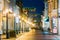 Parnu, Estonia. Night View Of Famous Ruutli Street With Old Buildings, Restaurants, Cafe, Hotels And Shops In Festive