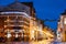 Parnu, Estonia. Night View Of Famous Ruutli Street With Old Buildings, Restaurants, Cafe, Hotels And Shops In Festive