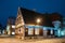 Parnu, Estonia. Night View Of Old Wooden Parnu Citizen s House At Nikolai Street In Evening Night Illuminations