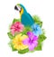 Parrot Ara, Colorful Hibiscus Flowers Blossom and Tropical Leaves