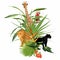 Parrot bird, giraffe, leopard animals, tropical flowers, palm leaves, jungle leaf composition.