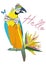 Parrot with a bow tie with butterflies. Series of Summer banner with tropical leaves and animals.