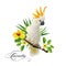 Parrot cockatoo on the tropical branches with leaves and flowers on white background.