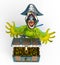 Parrot pirate is showing the treasure chest