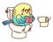Parrot sits on the toilet bowl and reads a book. Kawaii character. Blue budgie. Funny sticker. Cute vector illustration isolated