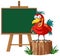 A parrot standing by an empty chalkboard