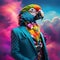 Parrot in a suit standing amidst a colorful neon sky