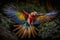 parrot taking flight in jungle, its colorful feathers shining