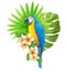 Parrot with tropical bouquet of frangipani flowers, greenery of monstera leaf and palm fronds. Exotic floral composition,