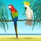 Parrots, Cockatoo, realistic birds sitting on branch tropical background with beach and sea