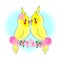 Parrots cute couple for Valentines Day print on textiles on a t-shirt for gift wrapping for decorating greeting cards