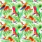 Parrots, exotic leaves, jungle flowers. Tropical forest. Repeating pattern. Watercolour