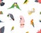 Parrots, exotic seamless pattern. Endless tropical background, jungle birds. Cute parakeet, budgerigar, macaw. Repeating