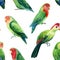 Parrots lovebirds on white background, watercolor illustration. Seamless patterns.