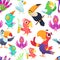 Parrots pattern. Toucan tropical colored birds summer exotic seamless vector illustrations in cartoon style