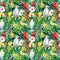 Parrots, Tropical birds, exotic plants jungle, leaves and orchid, hibiscus flowers, seamless pattern, palm background