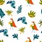 Parrots and tropical leaves seamless pattern. Jungles background. Endless background in childish style for fabric, textile, kids