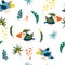 Parrots and tropical leaves seamless pattern. Jungles background. Endless background in childish style for fabric, textile, kids