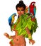 Parrots on womans shoulders with feathers.