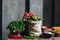 Parsley, red and green hot peppers in linen bags and spices