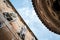 Part of the back wall of Saint Tryphon`s Cathedral and the opposite building, shot from below in Kotor, Montenegro