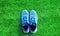 Part blue sports sneakers on the green grass textured background