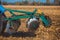 Part of the cultivator, steel, round discs in a row. Close-up.